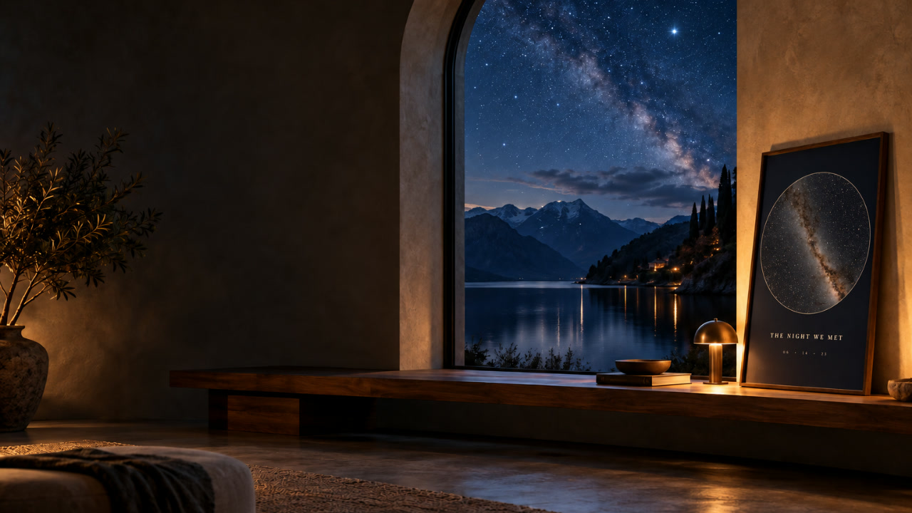 A framed star map beside an arched window overlooking a mountain lake at night